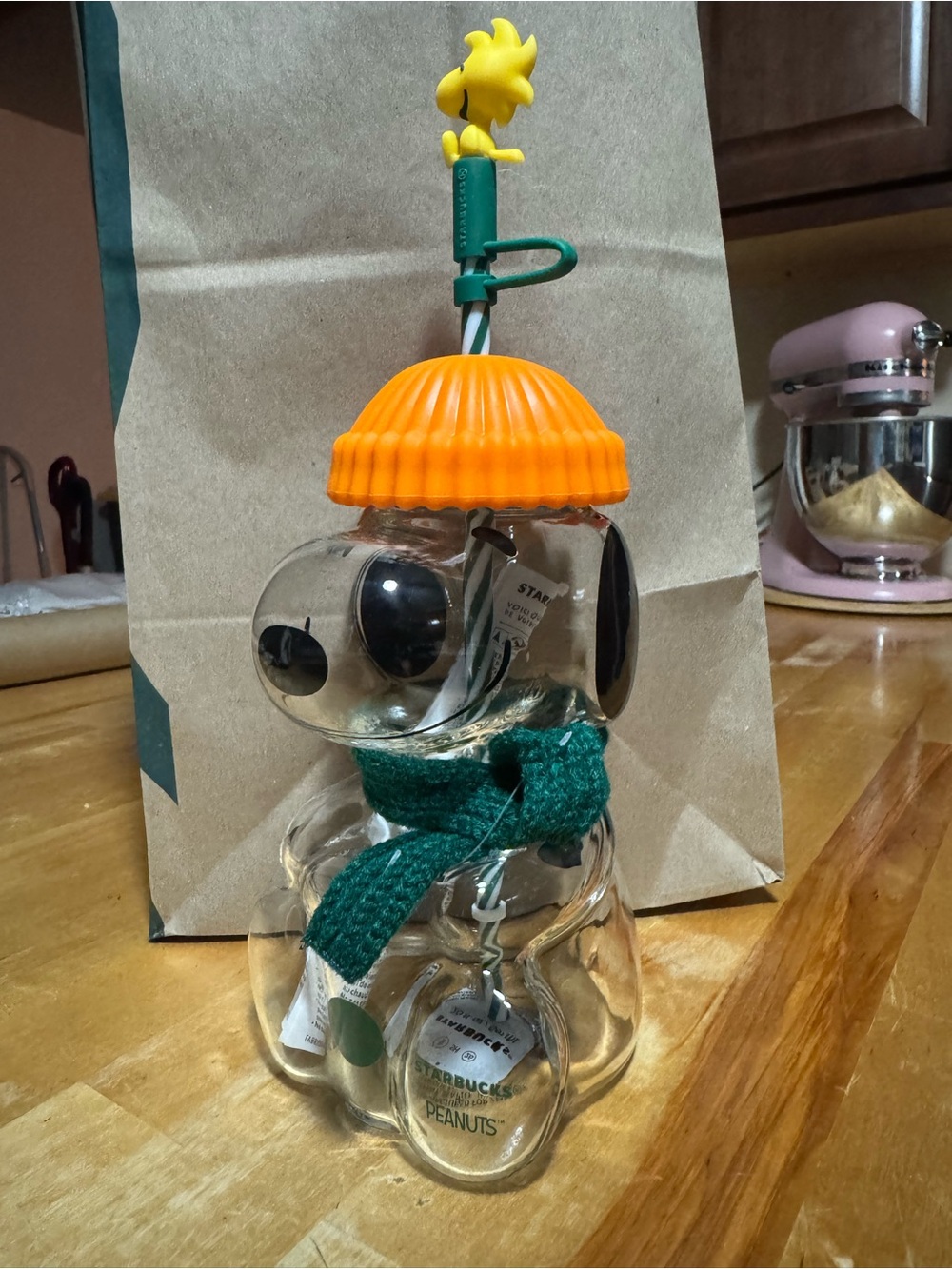 Starbucks Snoopy Glass Figurine with Orange Hat and Green Scarf